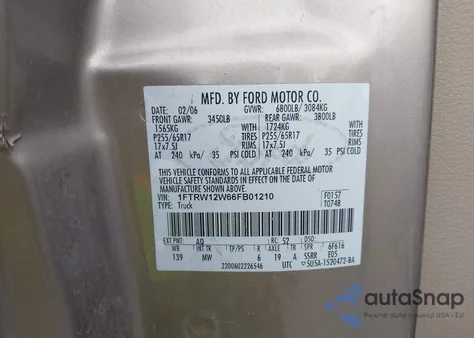 2006 Ford F-150 Xlt from USA, damaged, VIN 1FTRW12W66FB01210